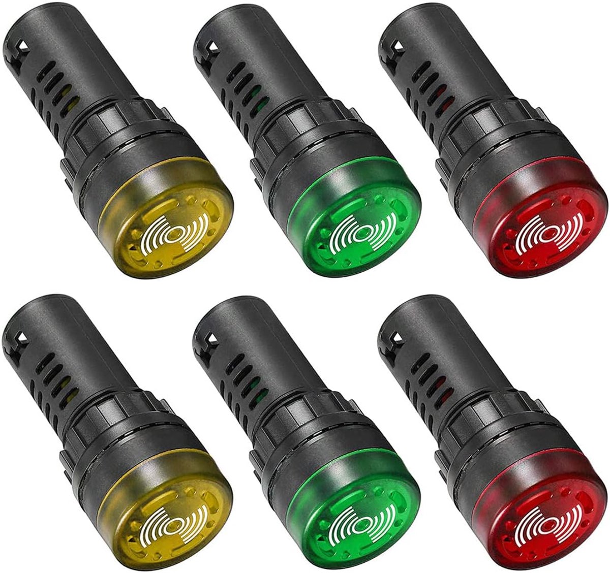 GUUZI 6pcs AC DC 24V 22mm LED Flash Alarm Signal Indicator Light Lamp with Buzzer (Red/Yellow/Green, each for 2pcs) - ShopVlot