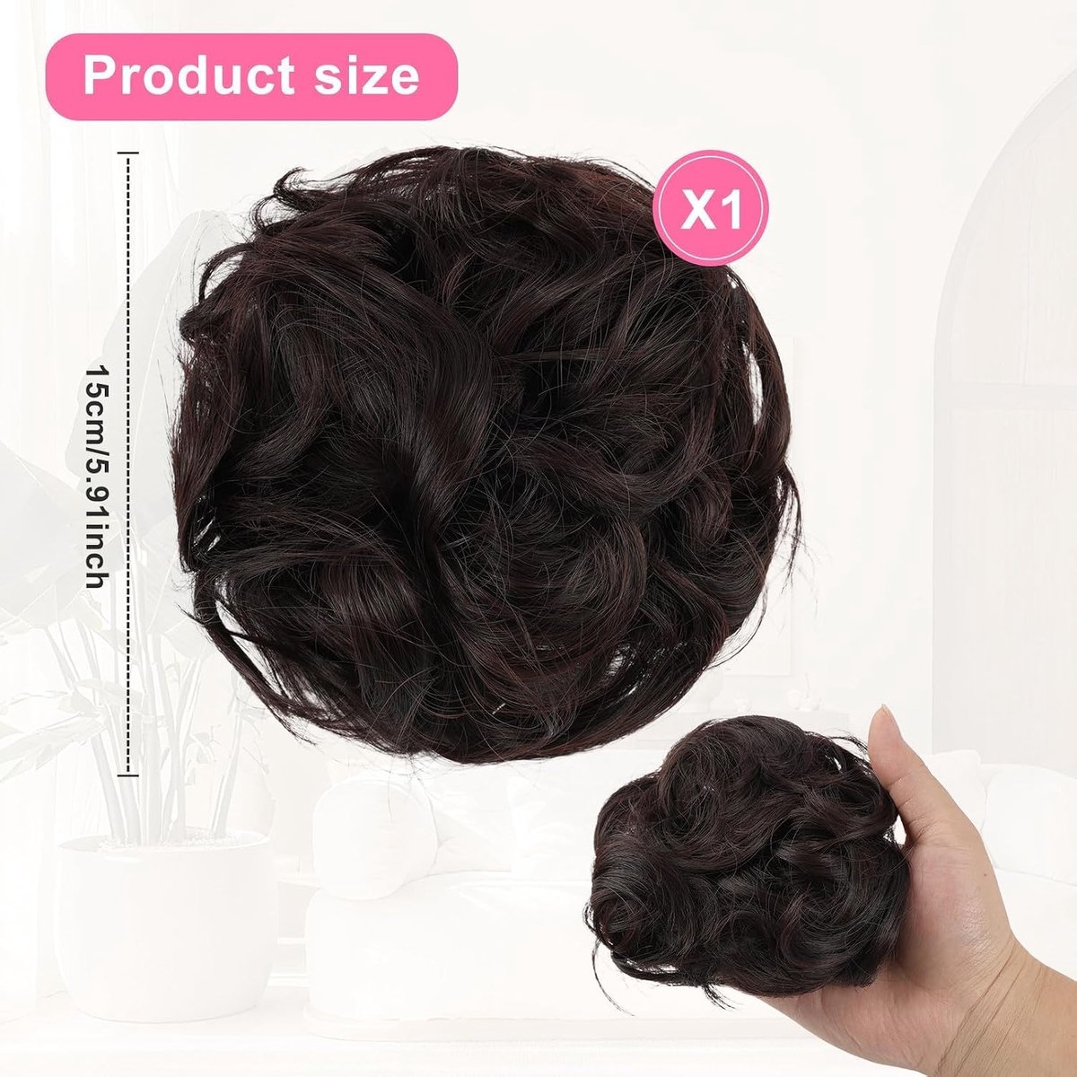 Haarstukje met elastiek, grote krullende knot, haarstukje, donkerbruin, haarelastiek met haar voor opgestoken kapsels - ShopVlot