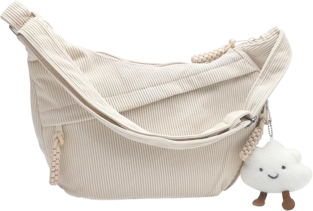 HENGBIRD Half Moon Crossbody Bag Ladies - Got Bag Moon Large Small - Beige Corduroy - 35 x 22 x 7 - ShopVlot