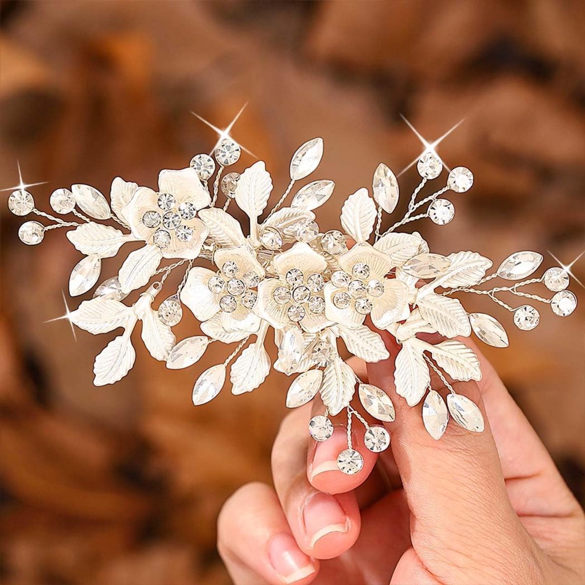 IYOU Bloemen Bruiloft Haarkam Zilver Strass Bruidssieraden Bruiloft Zijkammen Blad Haarspeld Handgemaakte Bruid - ShopVlot
