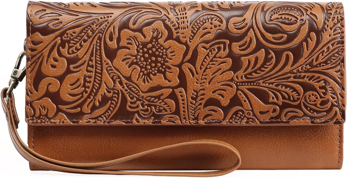 GOIACII Vrouwen Grote RFID Blokkerende Portemonnee Retro Lederen Bloemen Reliëf Dames Portemonnee Met Meerdere - ShopVlot