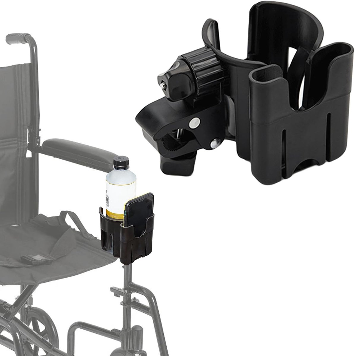 Cup Holder for Wheelchair, Scooter, Walking Stick, Walker - 2-in-1 Water/Drinking Bottle Holder and Phone Bracket - ShopVlot