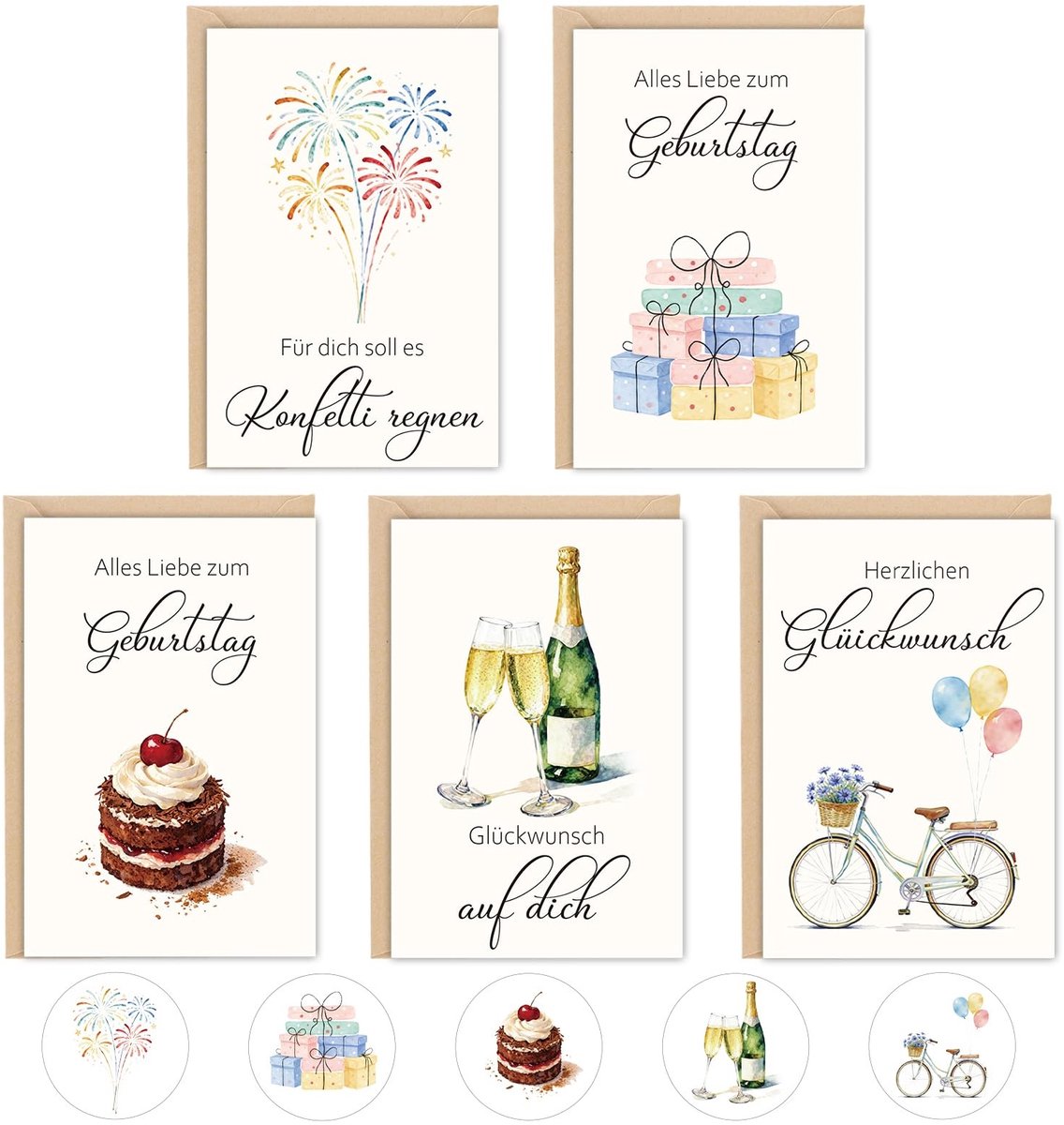 Solidchoice - Set van 5 Aquarel Verjaardagskaarten met Enveloppen en Stickers