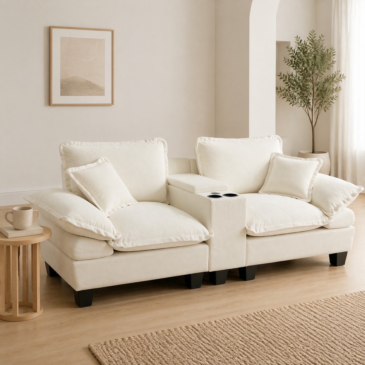 DESMIU Modulaire Bank - 2-Zits Cloud Sofa Met Cupholders, Opbergruimte En USB - Voor Woonkamer En Appartement - Chenille - Beige