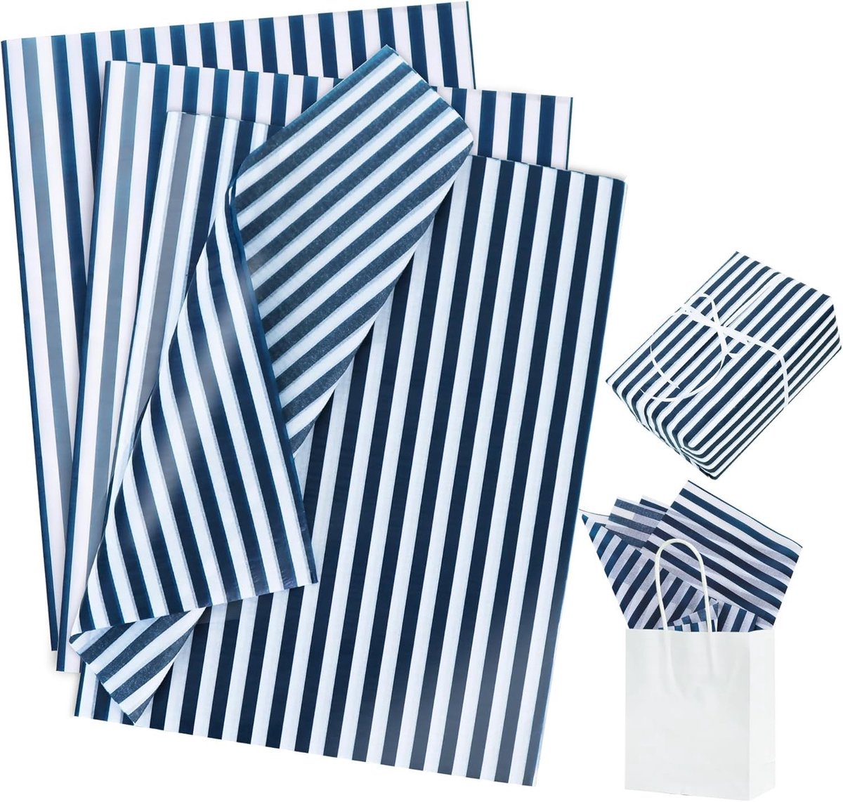 Solidchoice - Set van 30 Stuks Marineblauw Cadeaupapier met Streeppatroon