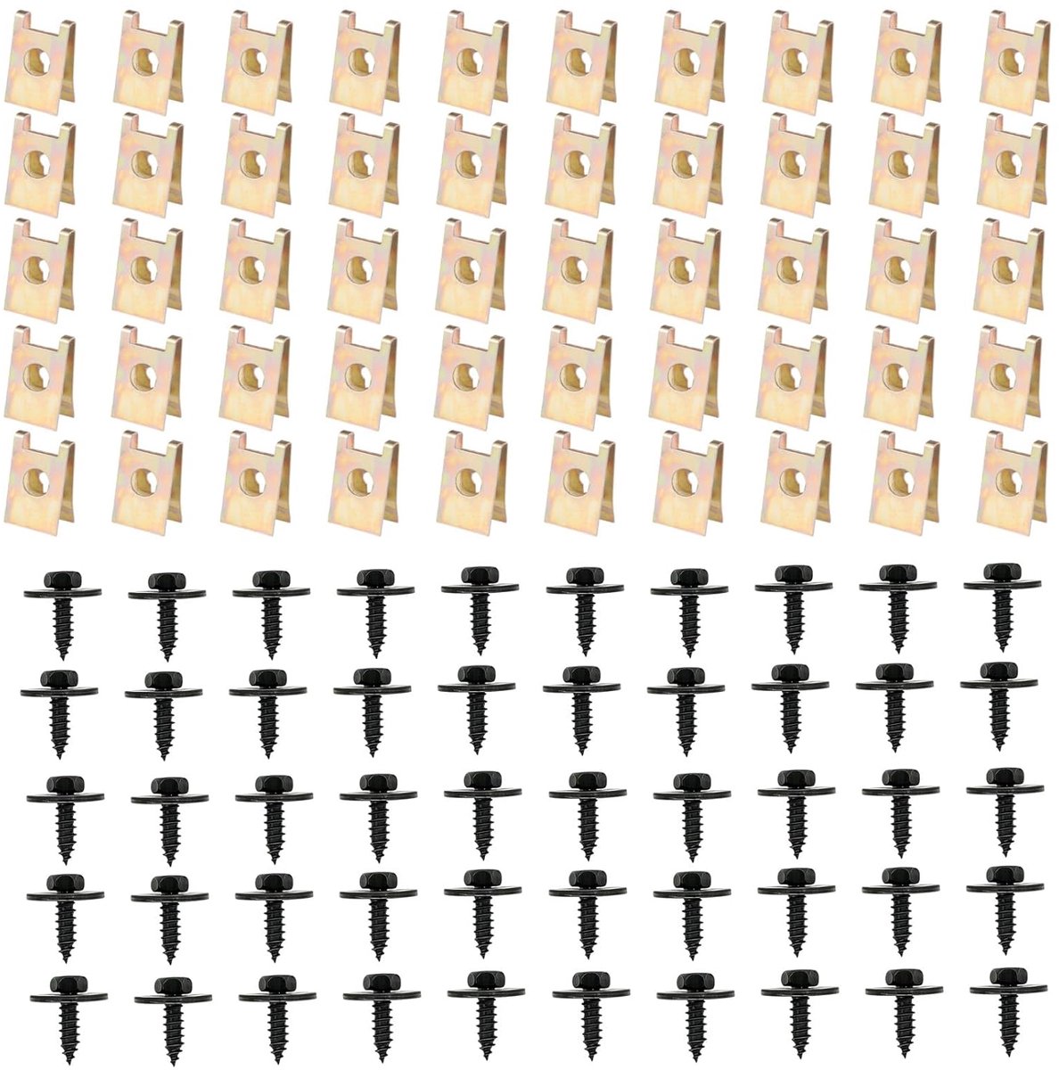 Schroeven en klemmen set 100 stuks - 50 schroefdraadstiften - 50 U-moerclips - voor bevestiging auto-onderdelen - ShopVlot