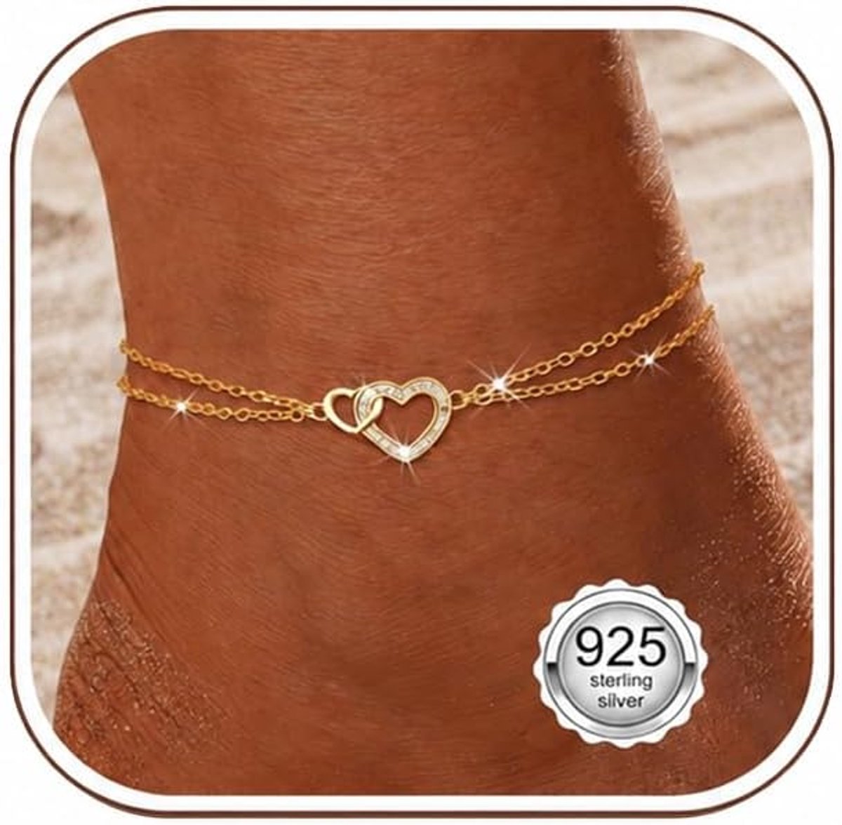 Enkelbandje 925 sterling zilver - paper clip hart - verstelbaar - waterproof voor zomer en strand - ShopVlot
