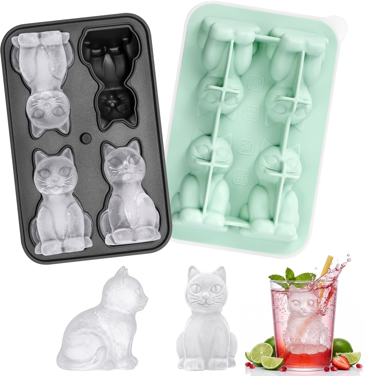 Solidchoice - Set van 2 Siliconen IJsblokjesvormen in 3D Kat Vorm