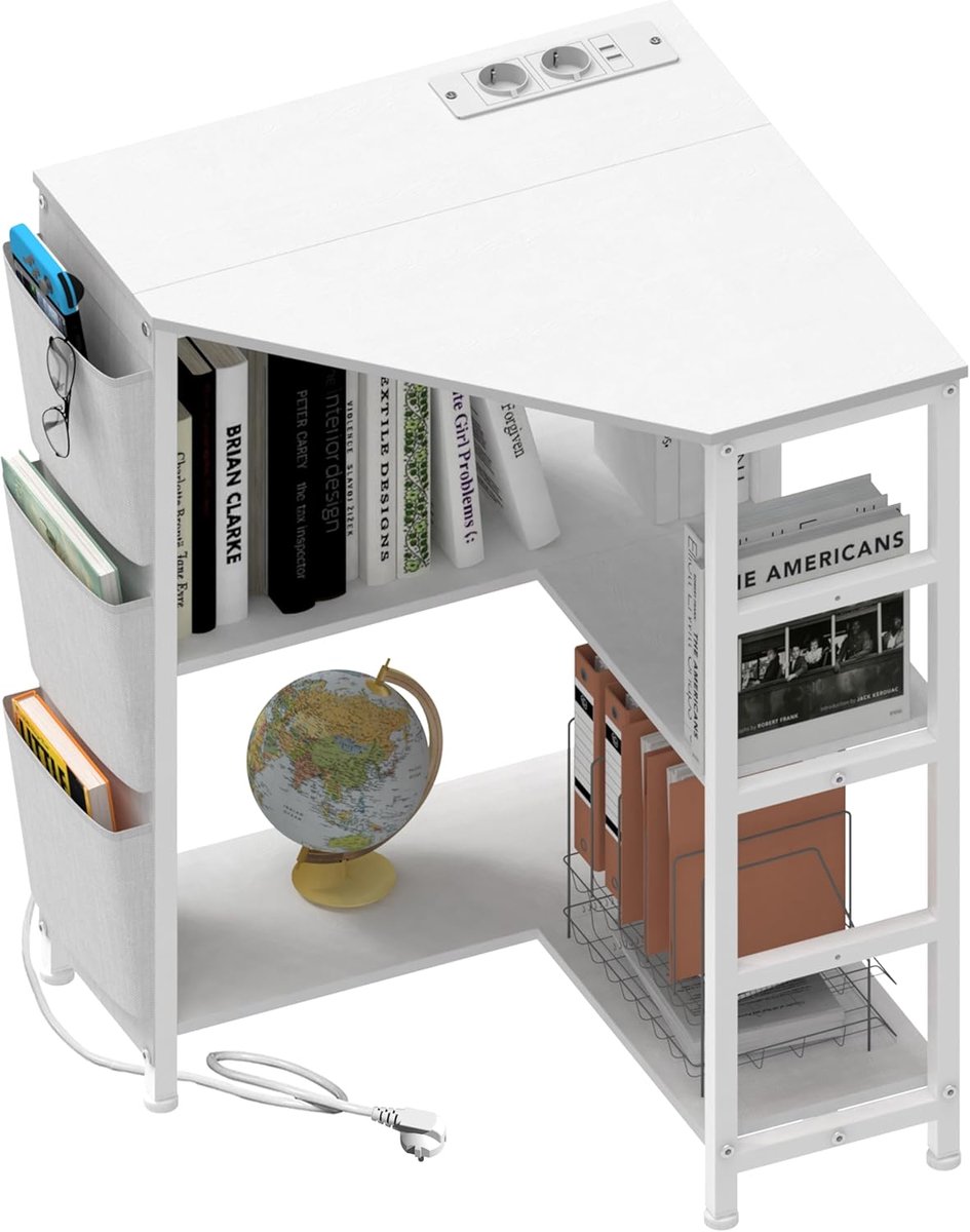 Printertafel hoekmodel 3-laags - met oplaadstation - 2 stopcontacten en USB-poorten - ruimtebesparend ontwerp - ShopVlot