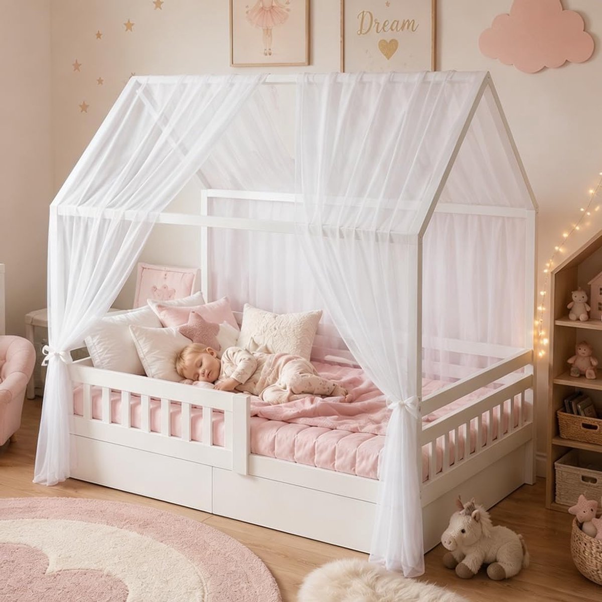 Bedgordijn 150 x 350 cm - Luchtig ademend stof - Speelse huisbed hemel - Perfect voor rustige speelhoeken - ShopVlot
