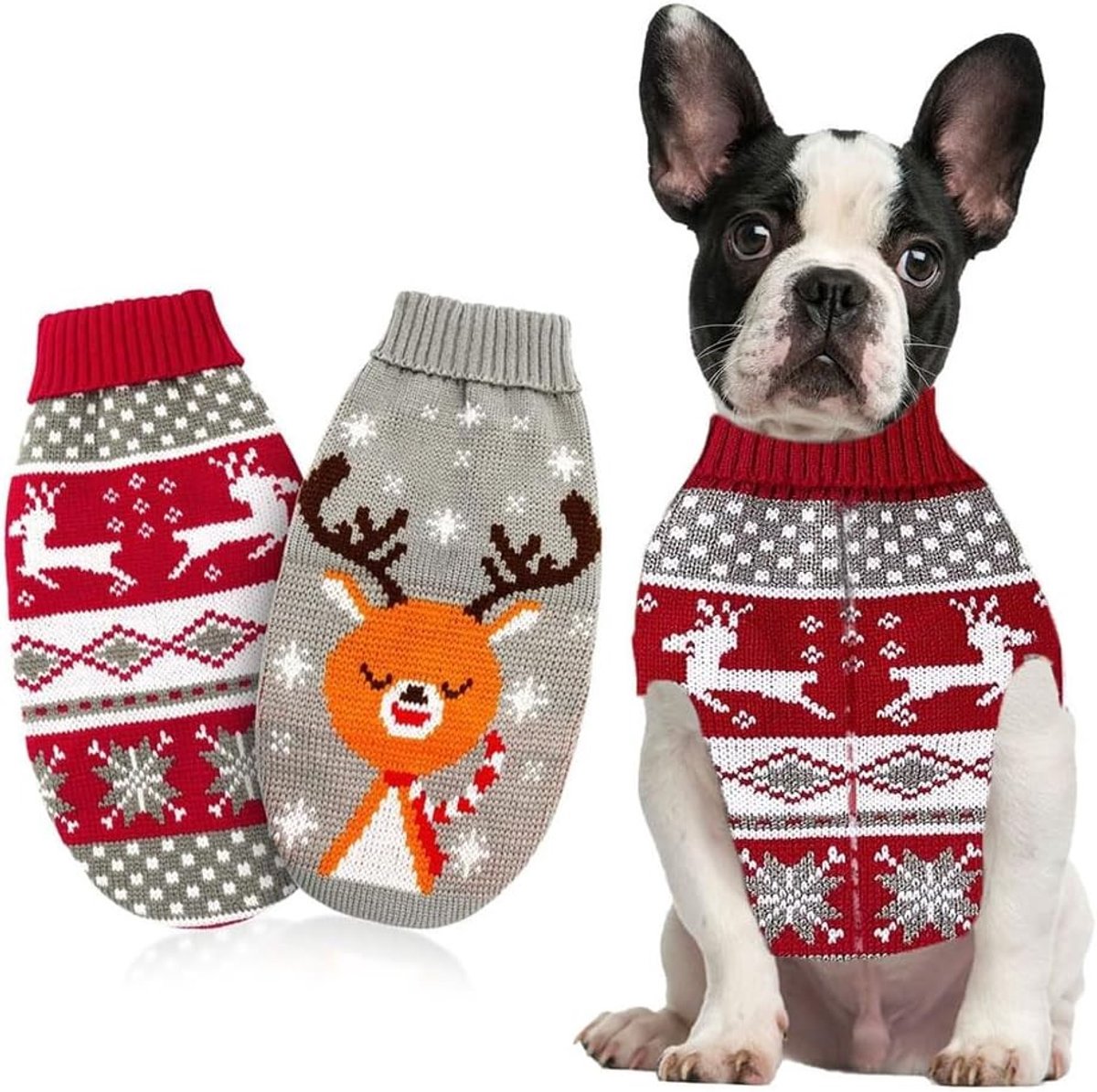 2 Stuks Gebreide Wintertruien met Sneeuwvlokken en Rendier voor Katten en Kleine Honden (S, Elk + Faw) - Warm Dierlijk Kledingstuk voor Koude Dagen