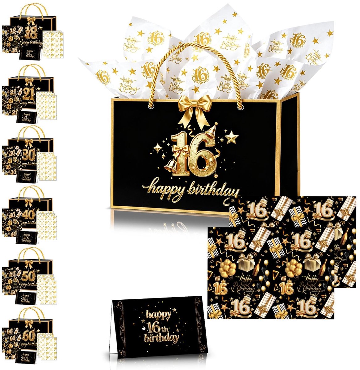 Solidchoice - Cadeautas voor 16e Verjaardag, Zwart en Goud, Compleet Set