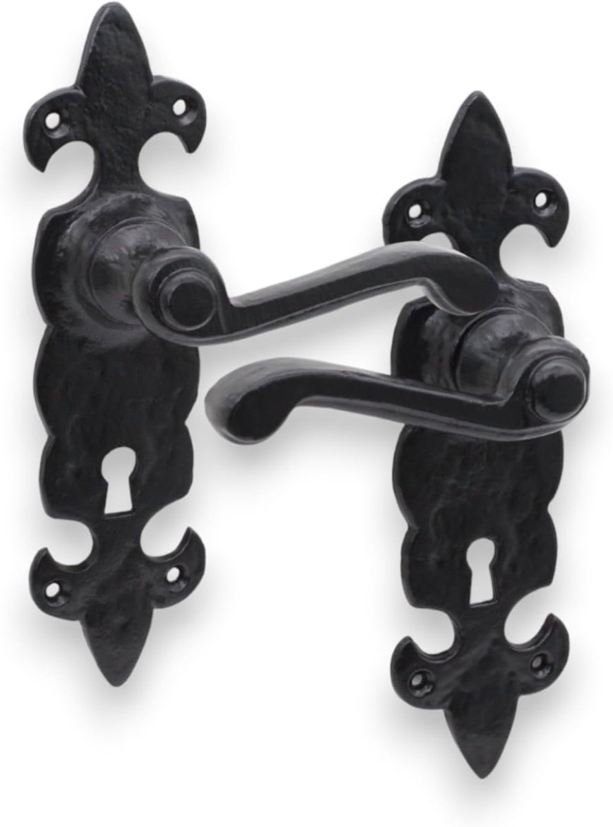 Infinity Decor Antieke Zwarte Fleur De LYS Patroon Hendel Deurklink Set Gietijzeren Key Lock Rustieke Handvat Paar - ShopVlot