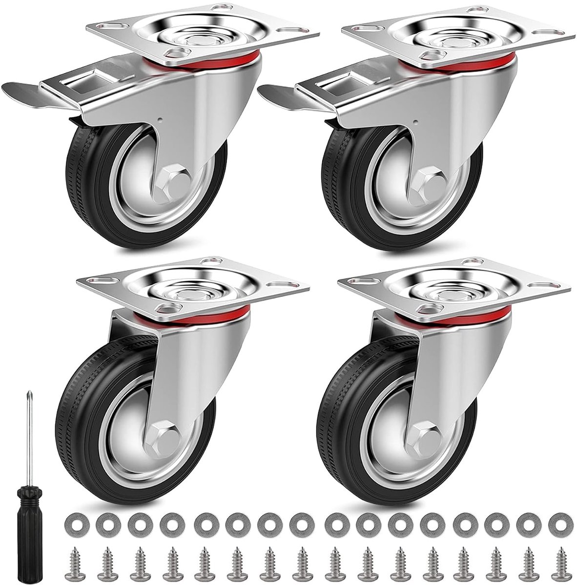 OMECO 4pcs Transport Wheels 75mm with Brakes Rubber Wheels Outdoor Wheels 360 Rotation Degree 400 kg Set Rubber Wheel - ShopVlot