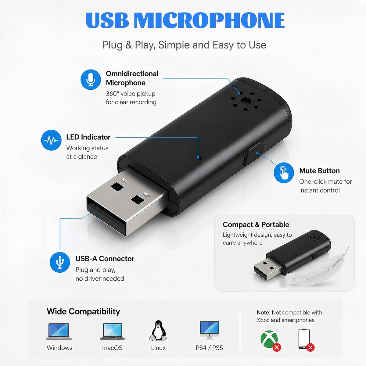 USB-microfoon voor pc, micro-USB, laptop, mini-condensatormicrofoon, hoge gevoeligheid, heldere spraakopname - ShopVlot