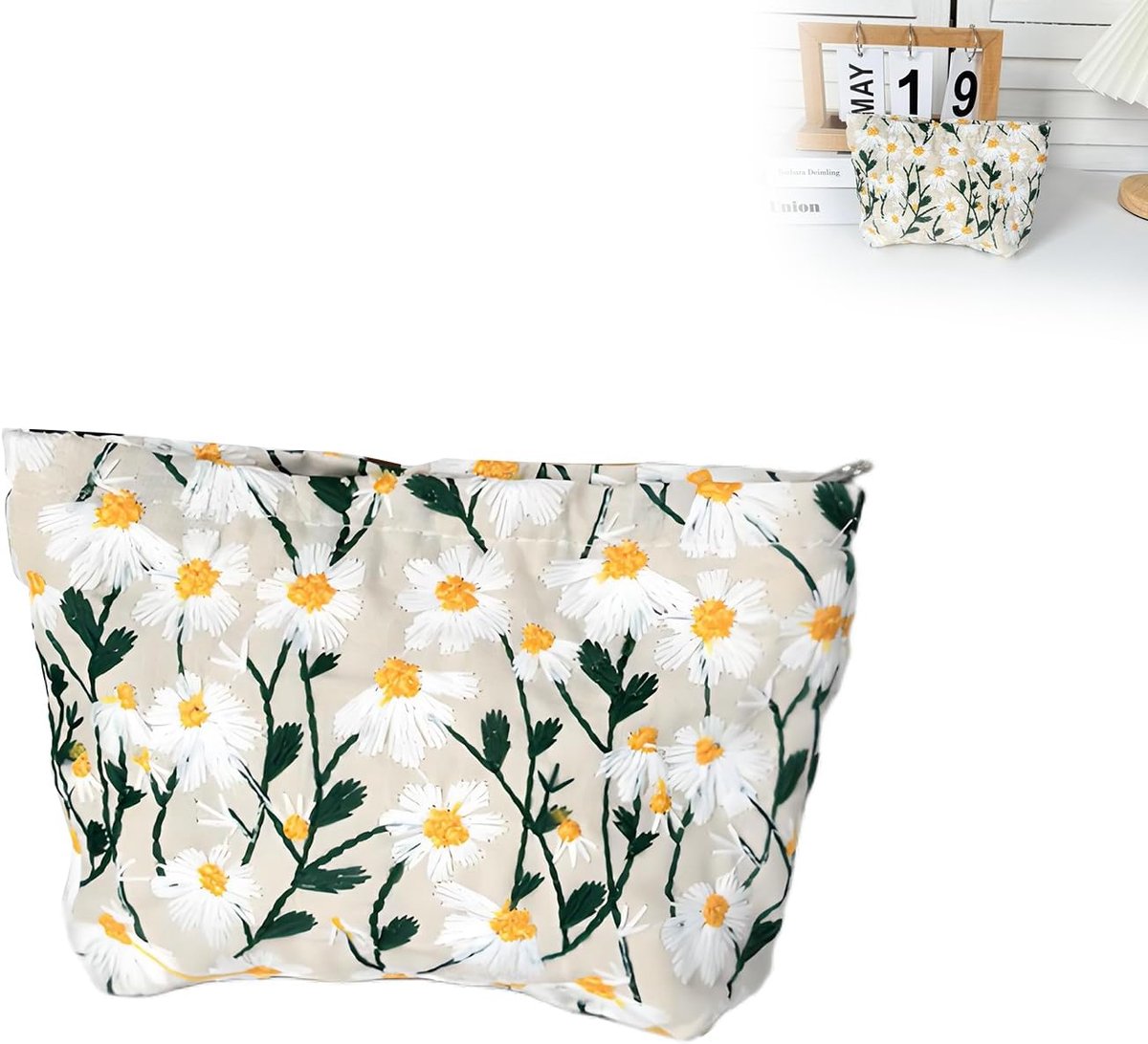 Travel Makeup Bag with Zipper Toiletry Bag with Daisy Embroidery for Women and Girls, Multiple Organizer for Travel - ShopVlot