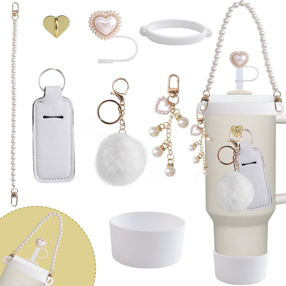 8pcs Water Cup Accessories Decoration Sports Water Bottles Including Pearl Handle Strap, Chap Stick Holder, Silicone - ShopVlot