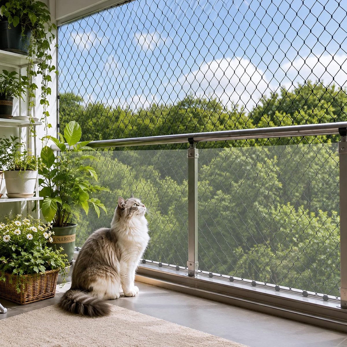 Kattennet voor balkon, 10 x 3 m, nylon, kattenbeschermingsnet, 2,5 cm gat, balkonnet voor katten met haken - ShopVlot