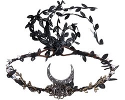 ZAHD Forest Wreath Goddess Tiara Moon Elf Headdress Handmade Forest Wreath Goddess Tiara Black Leaves Halloween - ShopVlot