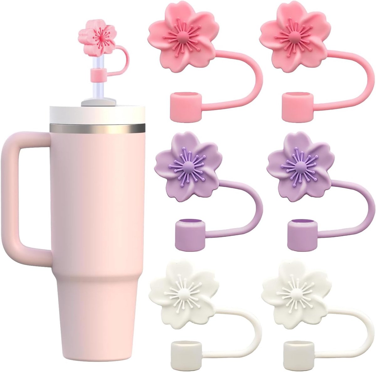 Siliconen rietjes accessoires 6-delig - bloemenpatroon deksels - stofdicht - houd je drankje schoon - ShopVlot