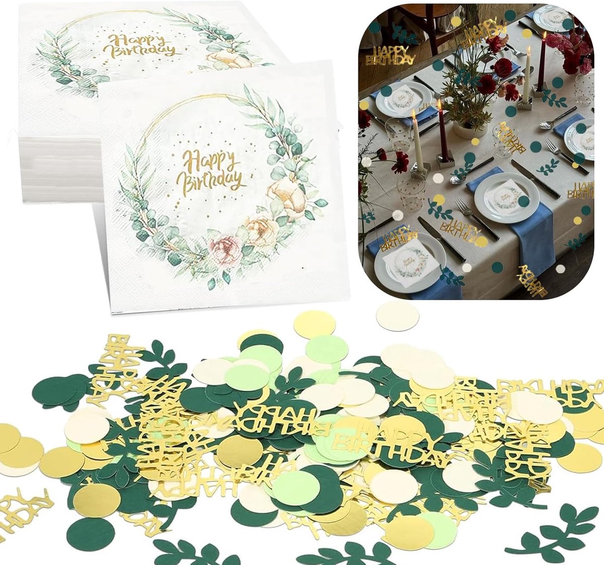 Confetti verjaardagset 200pcs + 40pcs 33x33cm servetten - eucalyptus en goud - perfecte tafeldecoratie voor feest - ShopVlot