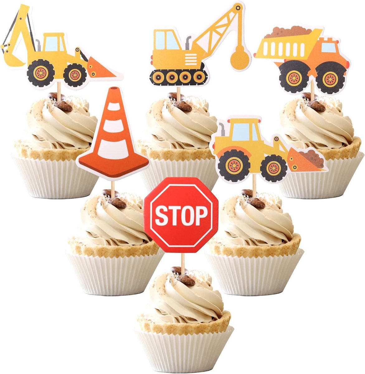 Cake Toppers Constructievoertuigen 24 Stuks - Geboorte- en Verjaardagstaartdecoratie - Leuke voertuigen voor jongens - ShopVlot