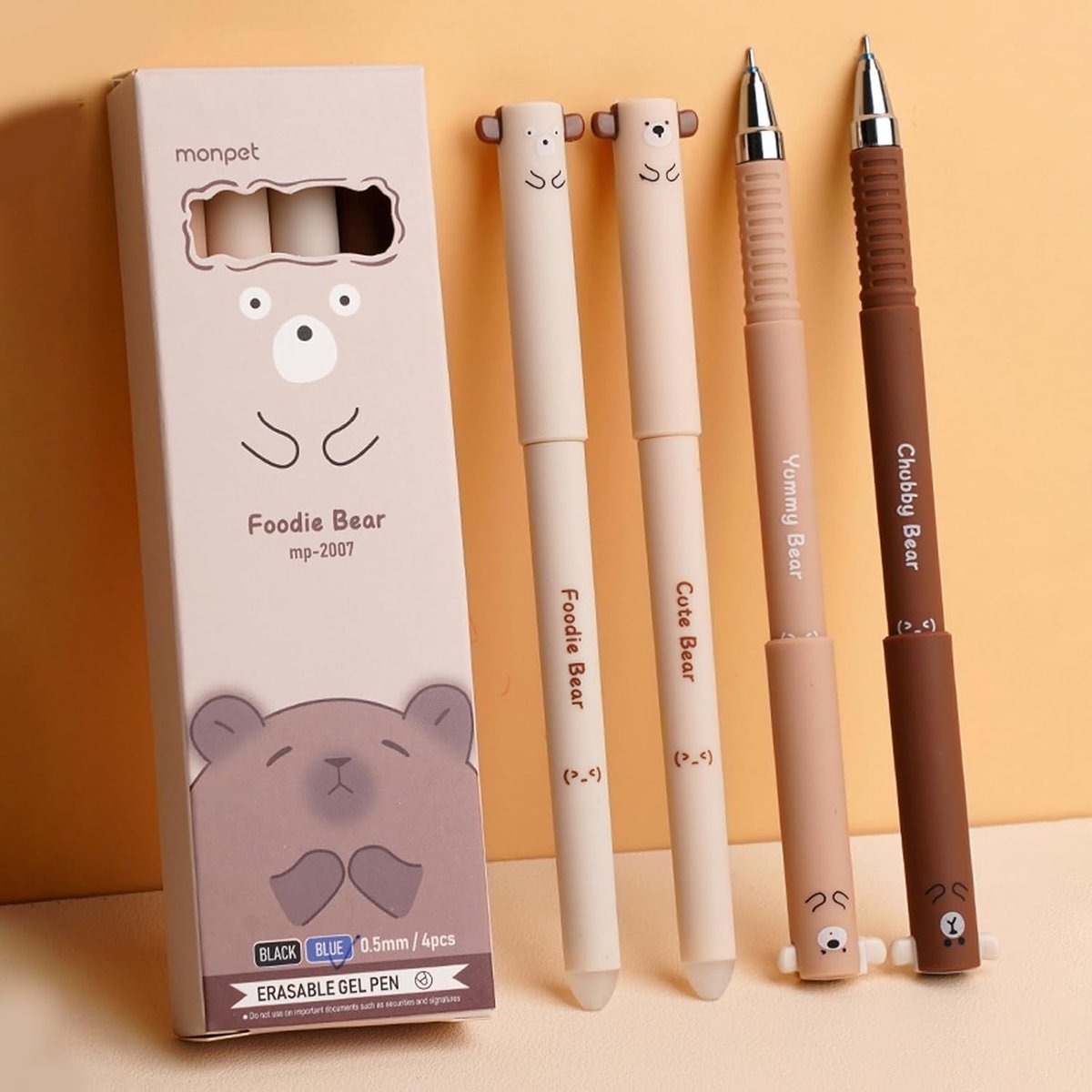 Set van 4 uitwisbare gelpennen 0,5 mm - schattig berenontwerp - zwarte inkt - ideaal voor school en kantoor - ShopVlot