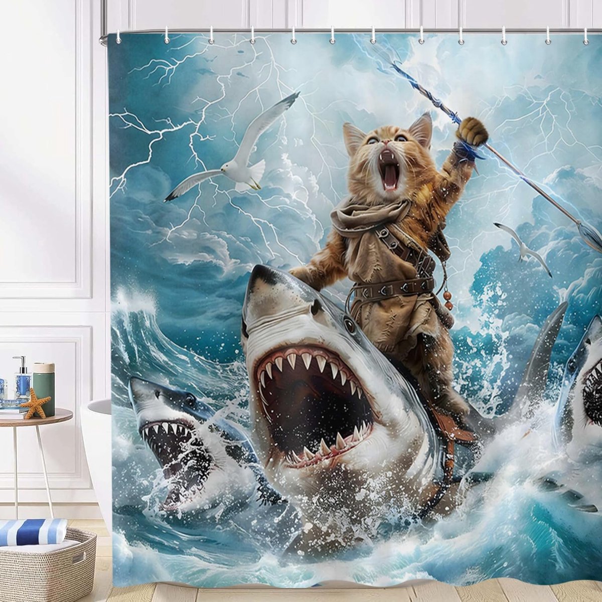 Badgordijn grappig kattendouchegordijn 180 x 200 cm - polyester stof - waterdicht - vrolijke kitten en haai - ShopVlot
