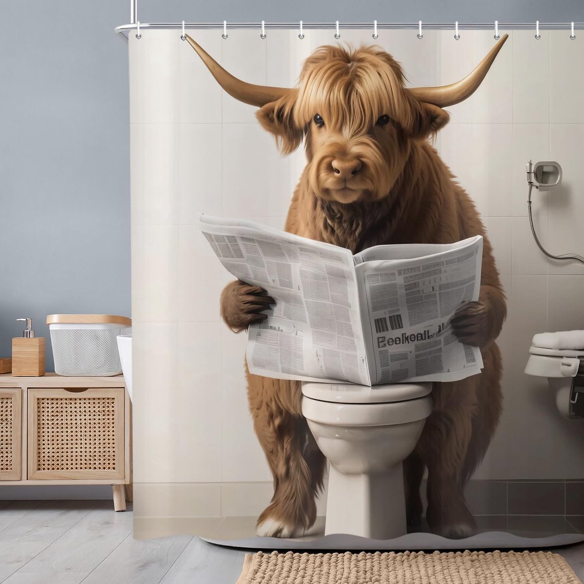 Douchegordijn Funny Cow 180 x 200 cm - Vintage Boerderij - Hoogland Koe met Krant - Waterdicht en Wasbaar - ShopVlot