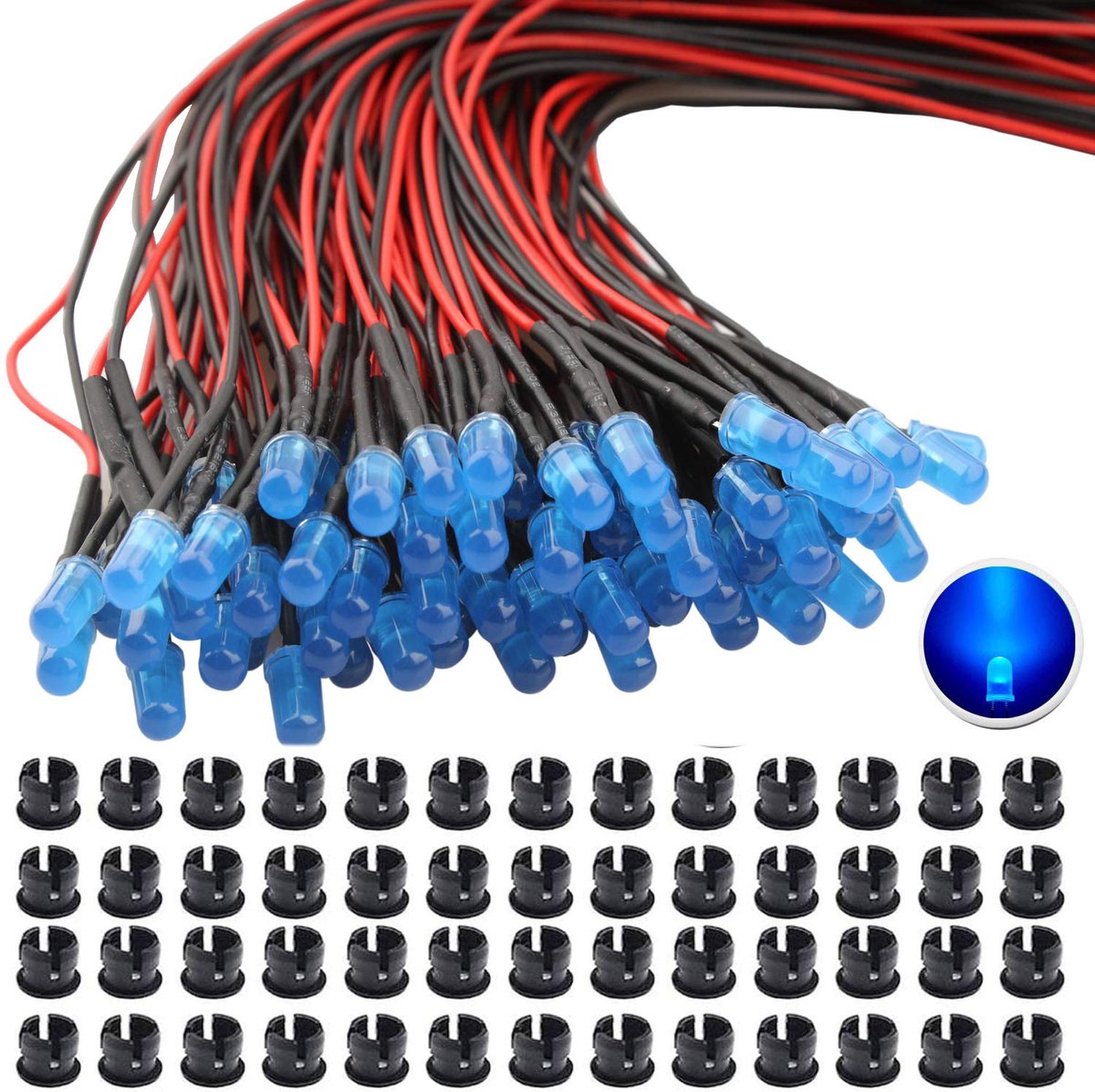 LED diodes 5mm blauw - 12V pre-wired met 20cm kabel - 65 stuks - inclusief montageringen - ShopVlot