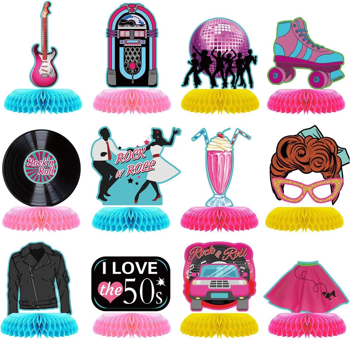 Waben centra 12 stuks - 1950s Rock 'n' Roll - Retro tafelversieringen - Perfect voor themafeesten - ShopVlot