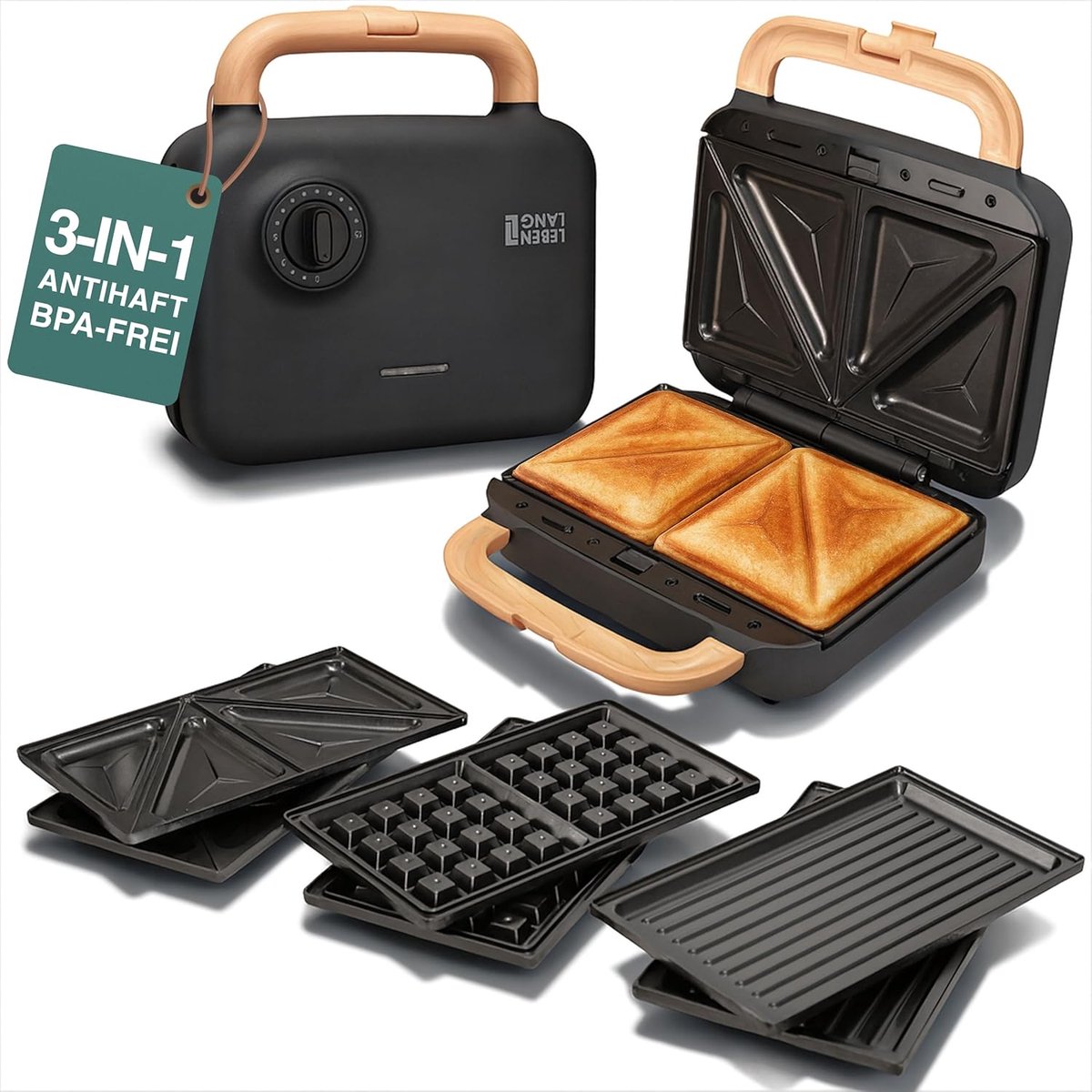 Sandwichmaker 3-in-1 - Wafelijzer Toaster - Snelle Maaltijden - Drie Platen Sets - 750 Watt - Zwart