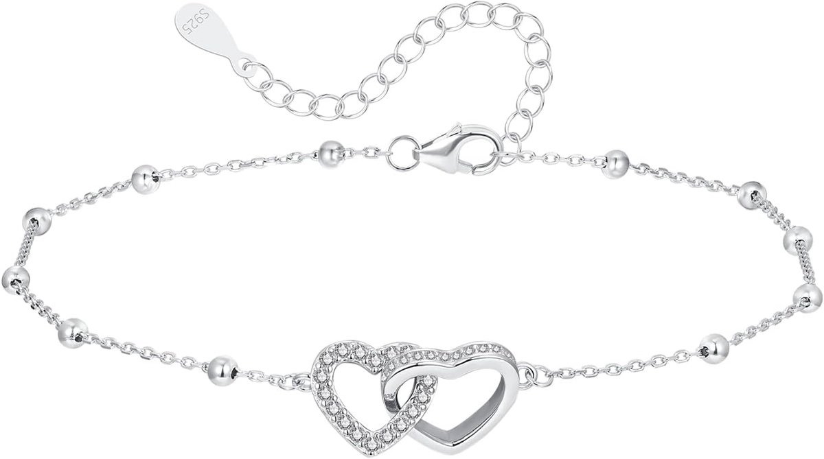 Women's Anklet, 925 Sterling Silver, 22 + 5 cm, Adjustable Summer Barefoot Beach Silver Filigree Double Heart Anklet - ShopVlot