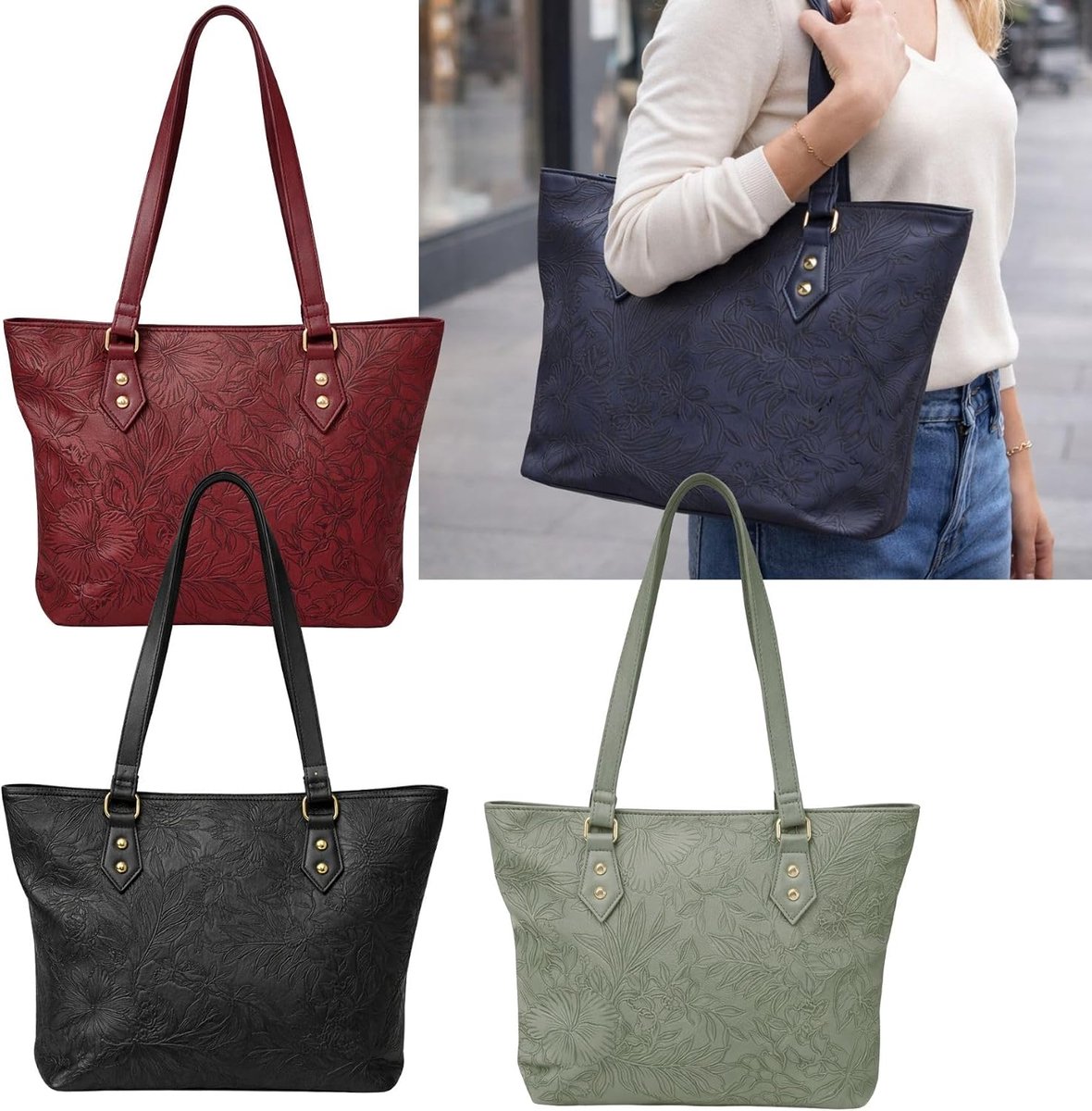 Lorenz Schoudertas met bloemenreliëf - PU-handtas voor dames, grote ritssluiting, shopper, werktas, lichtgewicht - ShopVlot