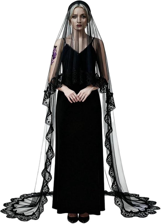 Sluier lange tule 3 meter - zwarte kant - gothic haaraccessoires - perfect voor Halloween kostuums - ShopVlot