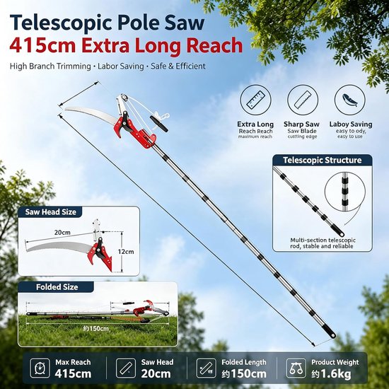 Telescopische takkenschaar 415 cm - roestvrijstalen boomschaar - verstelbare lengte - ideaal voor hoge takken - ShopVlot — afbeelding 5