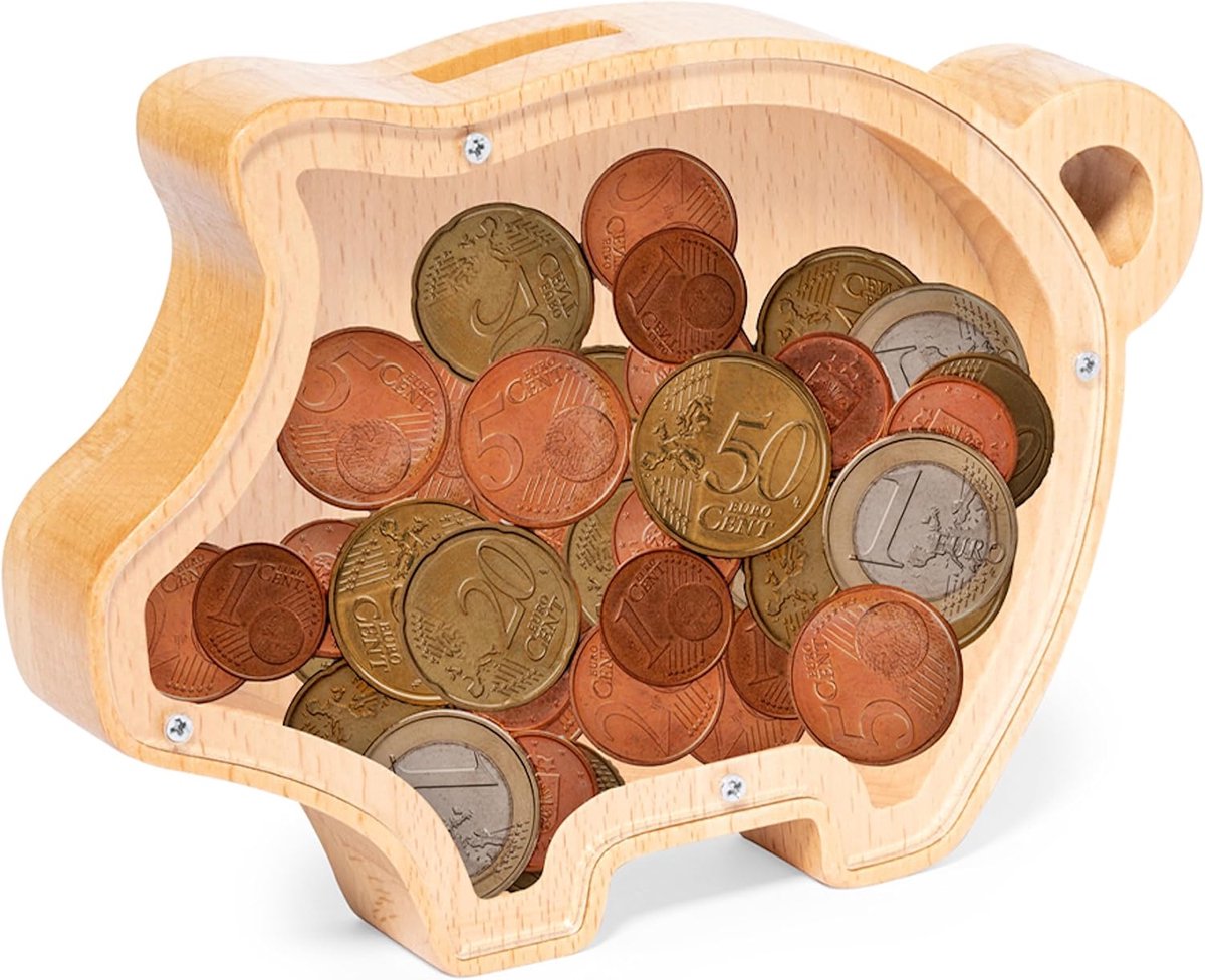 Spaarpot Hout 17,5 x 12,5 x 3 cm - Transparant Met Kunststof Kijkvenster - Tijdloos Ontwerp - Spaarplezier - ShopVlot