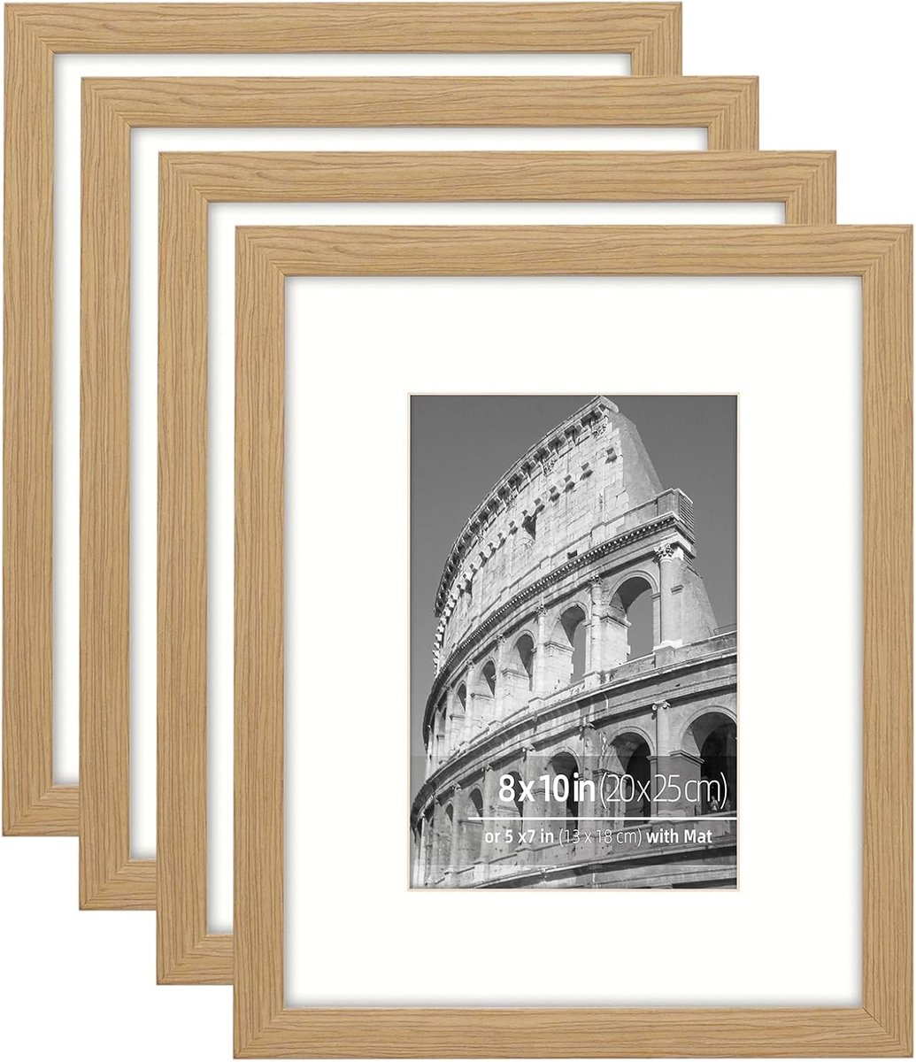 8x10 Modern Home Photo Frame Set, Natural Oak Textured Wood Grain Profile, Safe Plexi Glass Mat for 5x7 Photo, 4 Pieces - ShopVlot