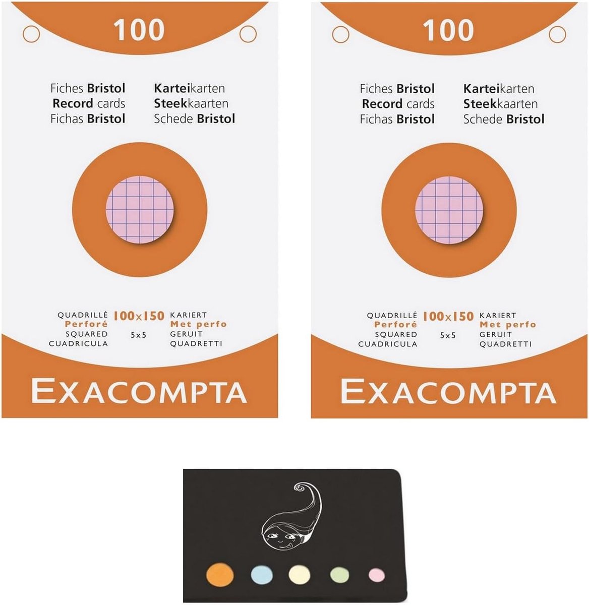 2 x Cases with 100 Index Cards, Assorted Colours, Checked, 5 x 5, Perforated, 100 x 150 mm + 1 Self-Adhesive Index - ShopVlot