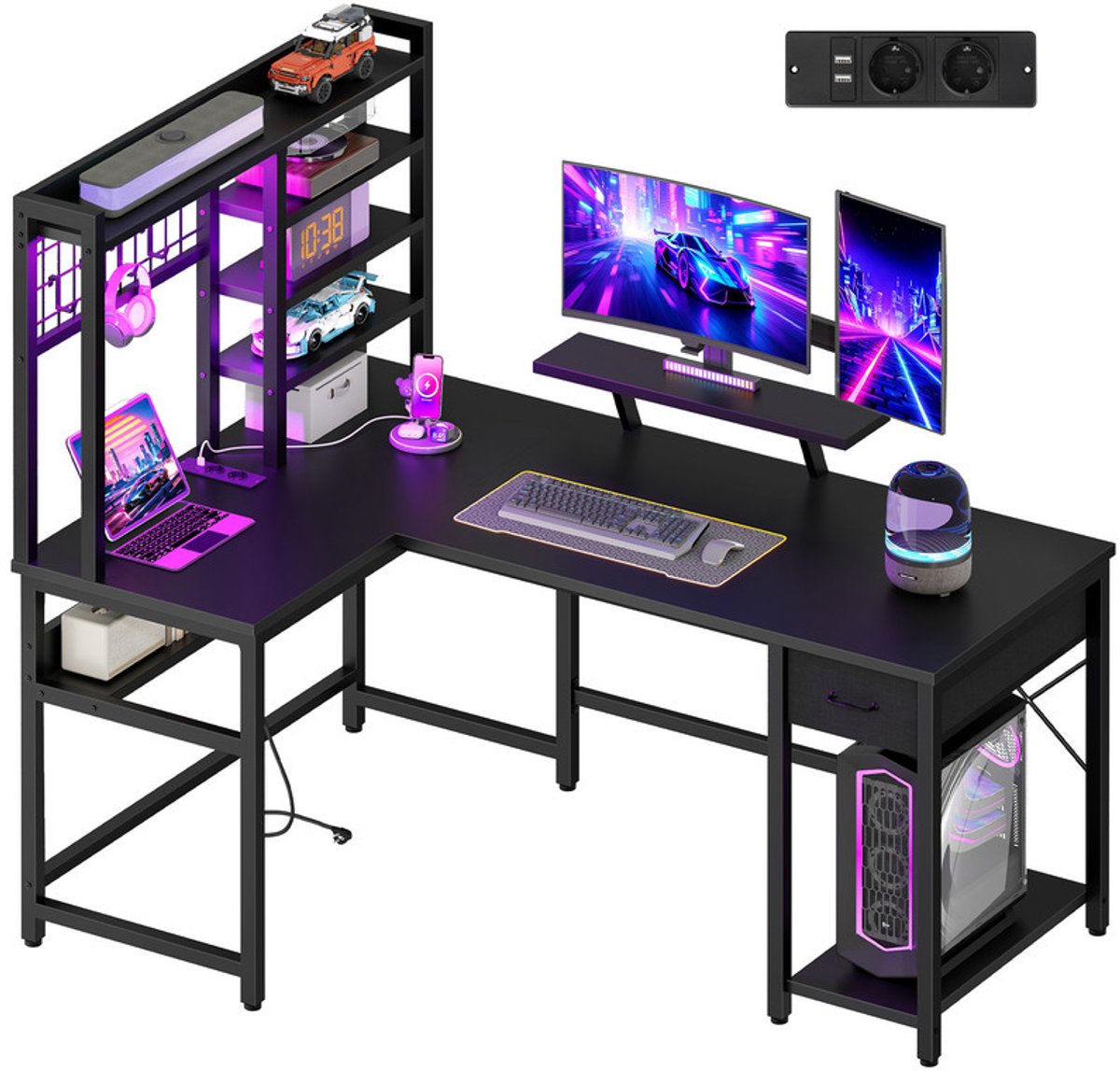 Hzuaneri L-vormige gamingtafel RGB 156 x 90 cm zwart, RGB, 2 stopcontacten, omkeerbaar, opbergplank, monitorstandaard, haken. Voor thuiskantoor, slaapkamer. 156 x 90 cm. Ref