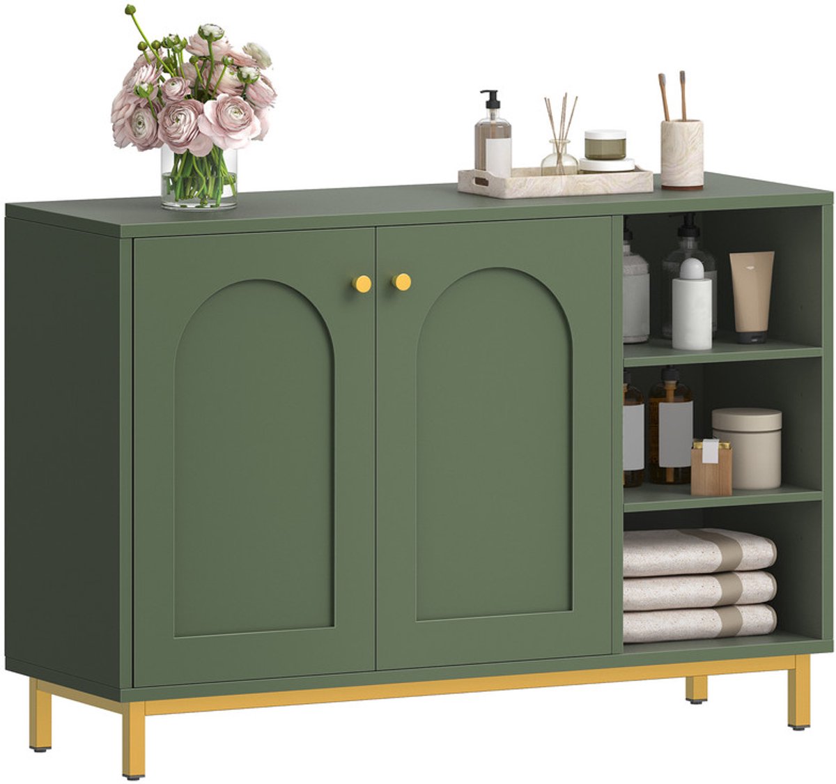 Hzuaneri Badkamerkast, opbergkast, met 3 verstelbare open planken en 2 deuren, grote opbergruimte, voor badkamer, woonkamer, entree, keuken, bosgroen