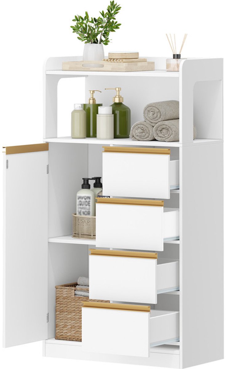 Hzuaneri Badkamermeubel, Grote Opbergcapaciteit Kast, Bijzetkast, Badkamerkast met 4 Laden en 1 Deuren en Verstelbare Legplank, Bijzetkast, voor Badkamer, Woonkamer, Ingang, Wit, 30 x 60 x 110 cm