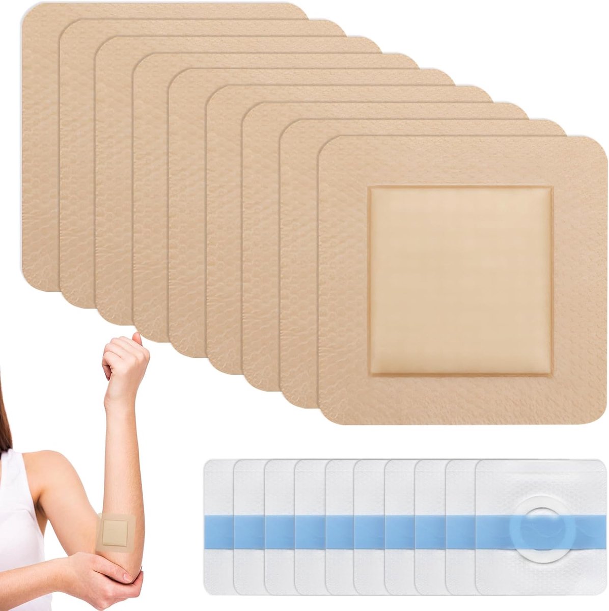 10 stuks 7,5 * 7,5 cm zelfklevende schuimpleisters voor doorligwonden, ademend, sterk klevend, ondersteunend - ShopVlot