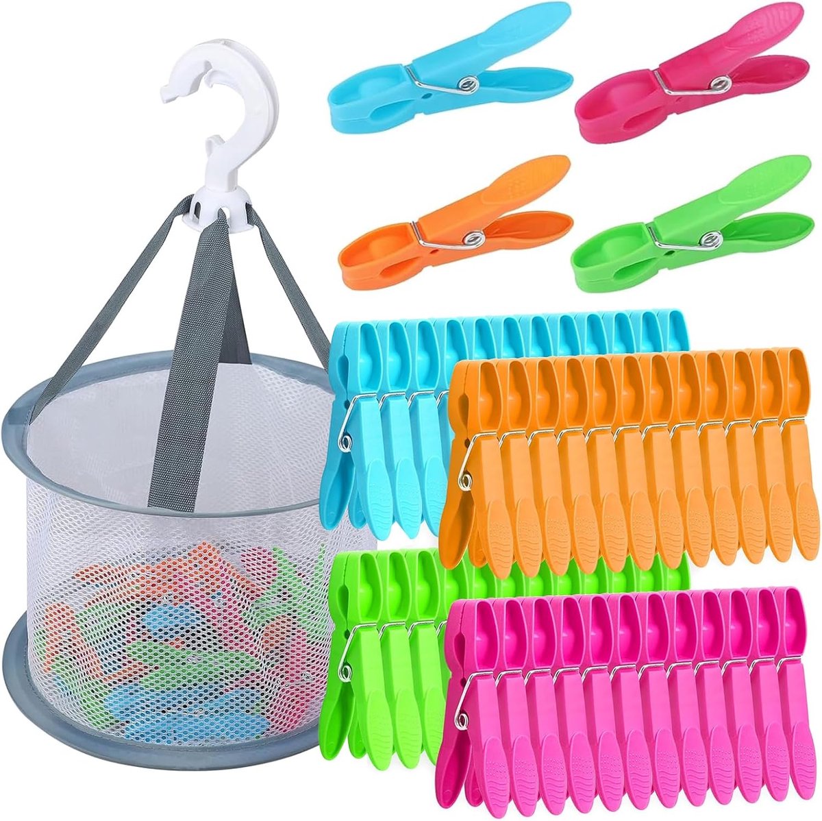 48 Pcs Clothes Pegs with Clothespins, Windproof Colorful Clothespins Without Printing, Plastic Pin Bags, Sock Clips - ShopVlot
