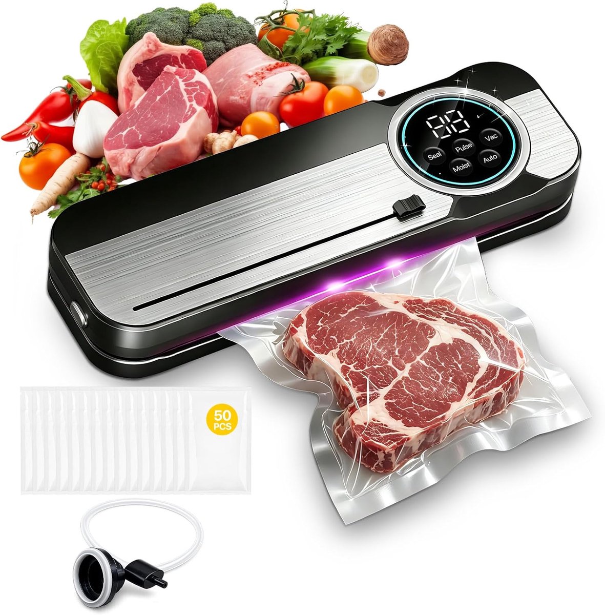 RoserRose Vacuum Machine, 6-in-1, Food Vacuum Machine, 3 to 5 Times Longer Fresh, 120 W Vacuum Sealer, 75 kPa Foil - ShopVlot