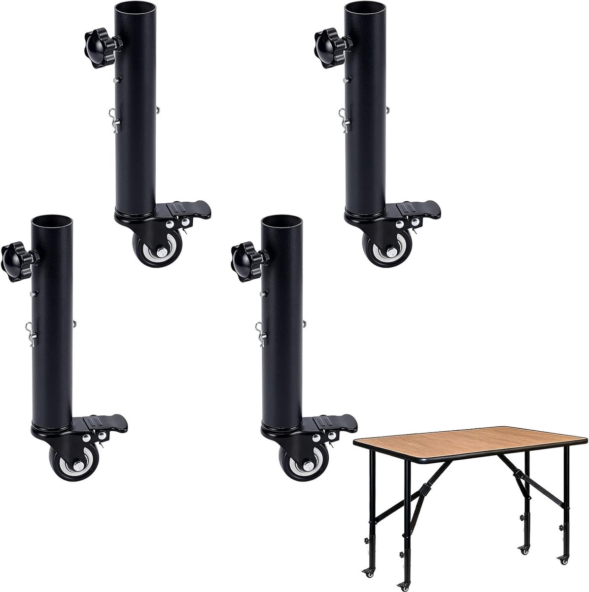 4 stuks verstelbare tafelpootverlengers met wielen, metalen tafelpootverhogers met zwenkwielen, rem, heavy-duty - ShopVlot