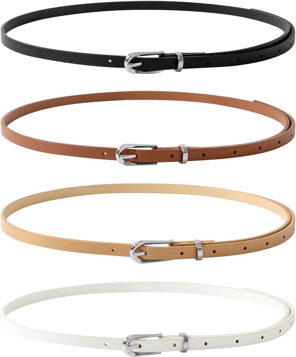4 Pieces Women's Slim Waist Belt, Leather Belt, Adjustable Thin Skinny Classic Women's Belt, Slim with Gold Round - ShopVlot