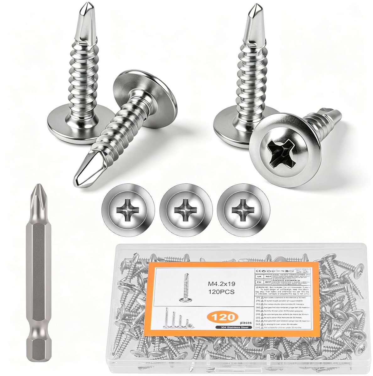 Pack of 120 Metal Screws Self Tapping Screws Stainless Steel Plate Screws Self Tapping Screws Metal M4.2x19mm Drill - ShopVlot