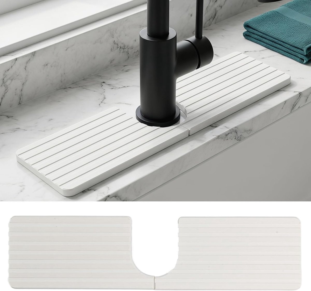 Kraan spatbescherming, 40 x 10 cm U-vormige spoelbakmat, sneldrogend en antislip, steendroogmat, keuken, diatomiet - ShopVlot
