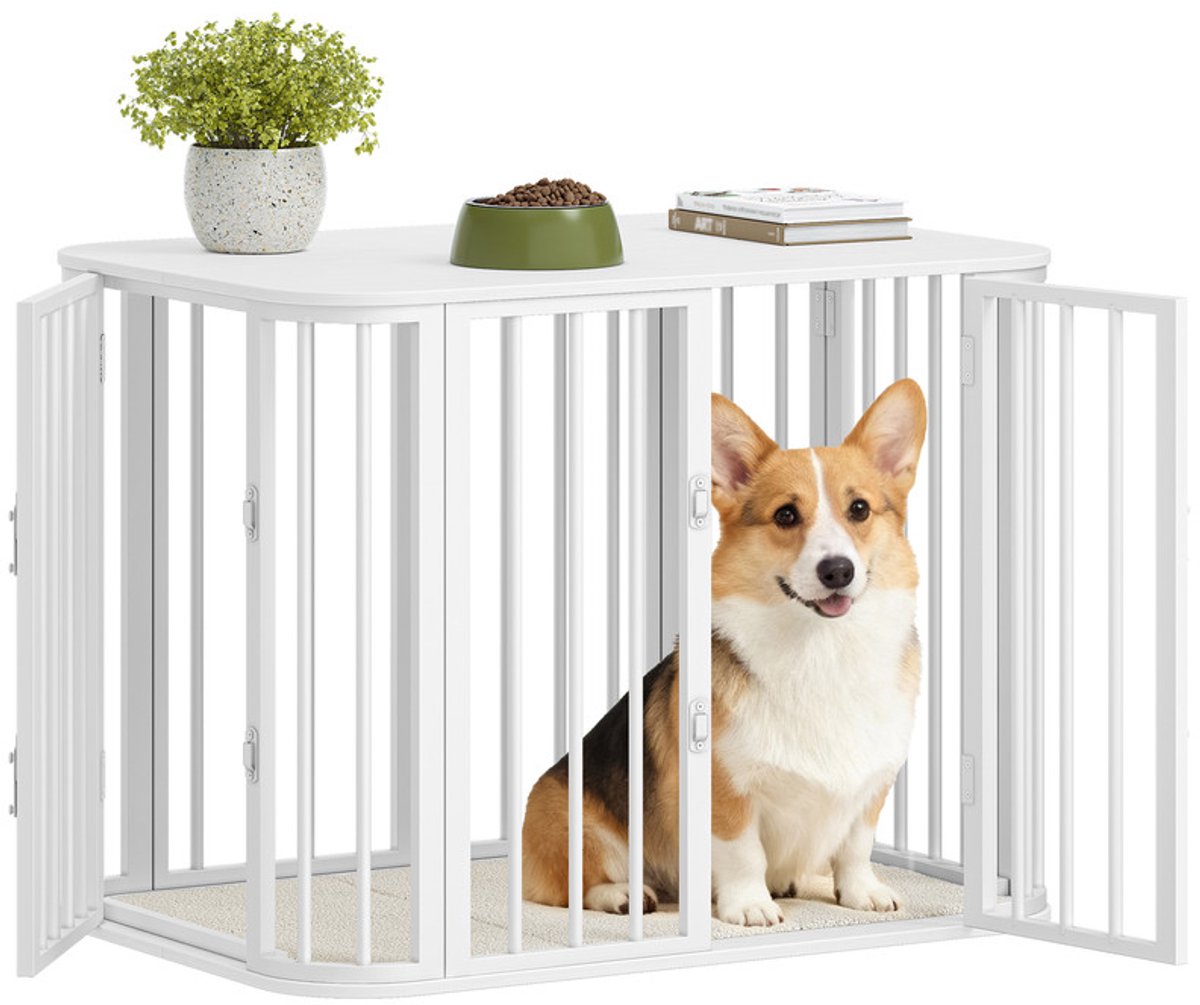 Hzuaneri Hondenkooi, meubels, indoor hondenbox met kussen, wit | Modern design met drie deuren, bijzettafel van hout, geschikt voor kleine en middelgrote honden, 80 x 55 x 61,5 cm